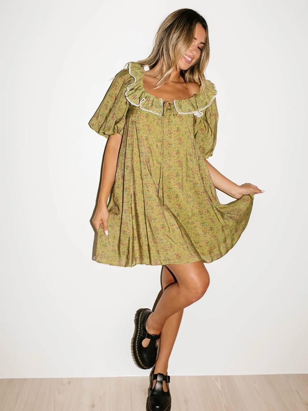 Olive Floral Ruffle Babydoll Dress